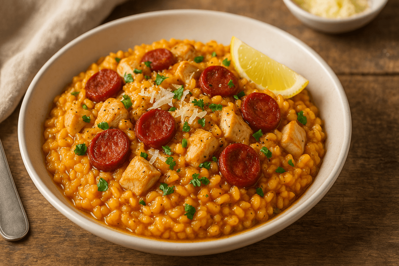 Spanish Chorizo & Prawn Risotto with Garlic Bread